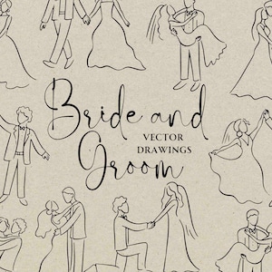 Novia y novio dibujados a mano SVG PNG, Descarga de imágenes prediseñadas de pareja bailando, Doodle de invitación de boda, Ducha nupcial caprichosa, Voto de boda DIY
