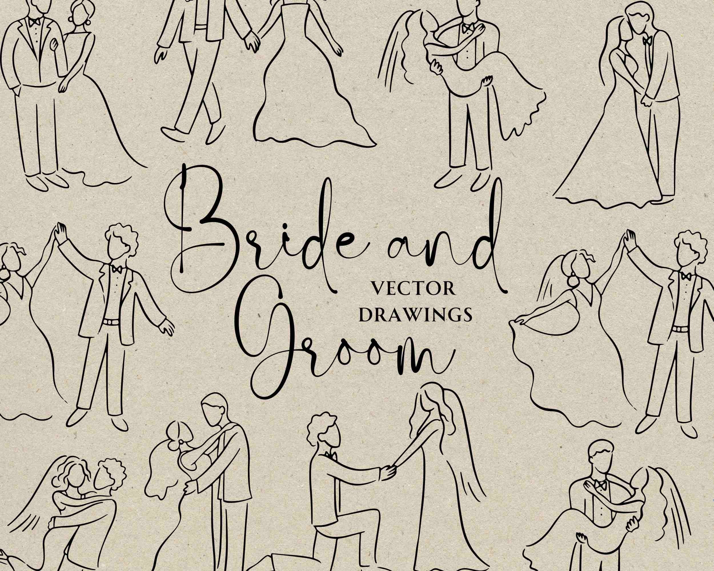 Noiva e noivo desenhados à mão SVG PNG, download de clipart de casal dançando, doodle de convite de casamento, chá de panela extravagante, voto de casamento DIY