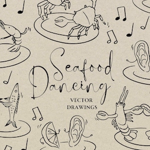 Può includere: Illustrazione in bianco e nero a linea di vari frutti di mare che ballano. L'illustrazione include un granchio, gamberi, pesci e un'ostrica. Il testo "Seafood Dancing" è scritto in corsivo. Il testo "Vector Drawings" è scritto in maiuscolo.