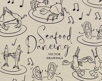 Hand Drawn Seafood Dancing SVG PNG, Whimsical Wedding Menu Clipart, Dancing Couple Illustration Icon, Lobster Crab Doodle, Rehearsal Dinner