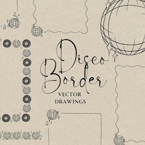 Borda de bola de discoteca desenhada à mão SVG PNG, quadro de rabisco clipart de vinil, desenho bacana dos anos 70, ícone extravagante para chá de panela, arte de festa de casamento