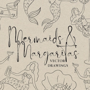 Margaritas et sirènes dessinés à la main PNG SVG, marges lunatiques et itinéraire de mariage EVJF, Doodle EVJF, Clipart fête de mariage