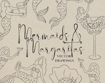 Handgetekende margarita&#39;s en zeemeerminnen SVG PNG, grillige marges en huwelijk vrijgezellenroute, vrijgezellenfeest doodle, bruiloft feest clipart