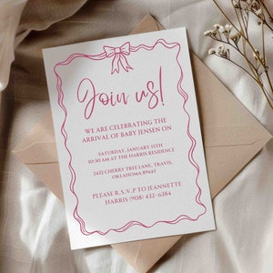 May include: Pink and white baby shower invitation with a pink bow and the text "Join us!"  We are celebrating the arrival of baby Jensen on Saturday, January 15th, 10:30 am at the Harris Residence, 2432 Cherry Tree Lane, Travis, Oklahoma 89443. Please R.S.V.P to Jeannette Harris (908) 432-6384.