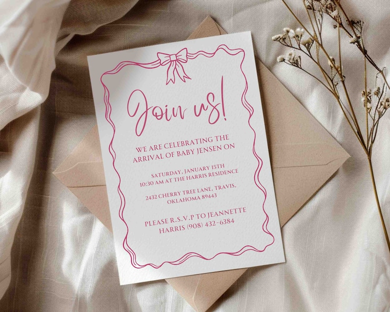 May include: Pink and white baby shower invitation with a pink bow and the text "Join us!"  We are celebrating the arrival of baby Jensen on Saturday, January 15th, 10:30 am at the Harris Residence, 2432 Cherry Tree Lane, Travis, Oklahoma 89443. Please R.S.V.P to Jeannette Harris (908) 432-6384.