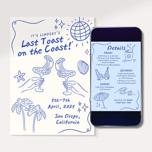 Plantilla de despedida de soltera "Último brindis en la costa", itinerario de despedida de soltera dibujado a mano, invitación telefónica de Canva, despedida de soltera en la playa costera