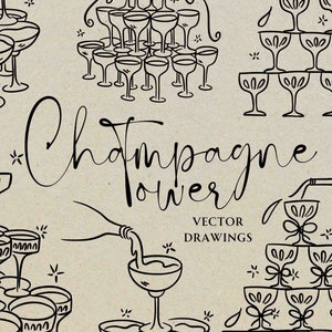 Tour à champagne dessiné main PNG SVG, Clipart fête de mariage, verser le champagne icône noir et blanc, faire-part de mariage fantaisiste Doodle