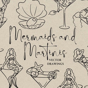 Dessiné à la main sirène Martini SVG PNG, Clipart lunatique EVJF, invitation de fête de mariage de l'océan côtier, Dirty Martini Cocktail Doodle