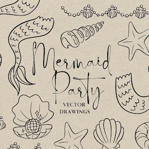 Queue de sirène dessinée à la main SVG PNG, plage EVJF icône Illustration, invitation de fête d'anniversaire de sirène, coquillage côtier Doodle Clipart