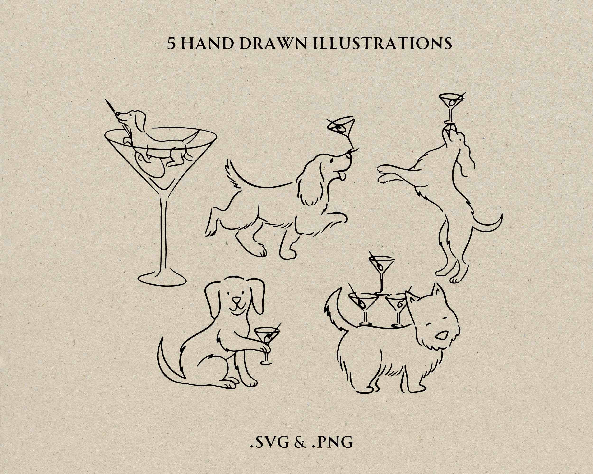 Hand Drawn Dog and Martini SVG PNG, Whimsical Dirty Martini Clipart ...