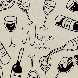 Wijnglas en fles bundel SVG PNG, handgetekende illustratie, gieten wijn illustraties, wijncharcuteriebestanden, pictogram DIY bruiloft uitnodiging