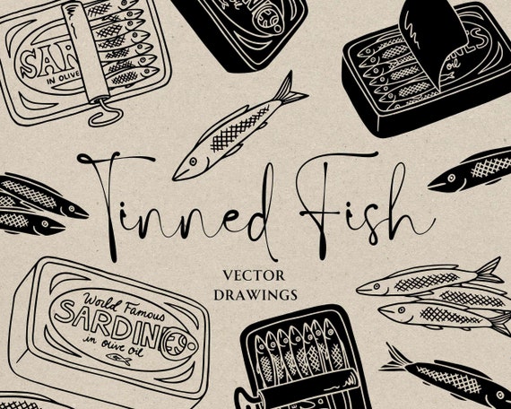 Sardine SVG PNG, Tinned Fish Drawing Vector Files, Seafood Brunch Invitation, Wine and Cheese Whimsical Doodle, Canva Pro Icon,  DIY Invite