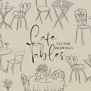 Mesa de café desenhada à mão SVG PNG, cadeira caprichosa e clipart de mesa, desenho de mesa para convite de brunch, arte de contorno do menu de jantar de ensaio