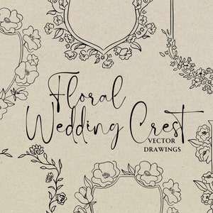 Hand Drawn Wedding Crest SVG PNG, Floral Crest Doodle Clipart, Whimsical Drawing for Wedding Invitation, Custom Drawing for Invite Download