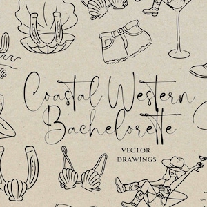 Handgezeichnetes Küsten Cowgirl Bachelorette SVG PNG, wunderliche Junggesellinnenabschied Clipart, Brautparty Doodle Symbol, Frau in Martini Umriss, Mädchen Reise