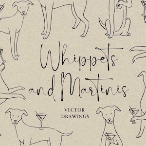 Handgetekende whippets en martini's SVG PNG, Greyhound Dog huwelijksuitnodiging, grillige aangepaste doodle, handtekening cocktailuurtje receptie pictogram
