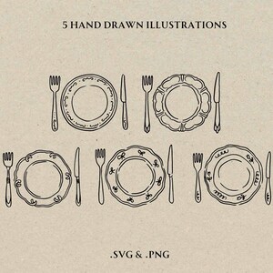 May include: Five hand-drawn illustrations of place settings, each featuring a plate, fork, knife, and spoon. The plates have decorative borders and are drawn in a simple, elegant style.