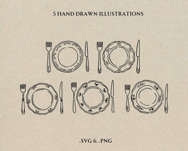 May include: Five hand-drawn illustrations of place settings, each featuring a plate, fork, knife, and spoon. The plates have decorative borders and are drawn in a simple, elegant style.