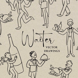 Handgetekende ober SVG PNG-pictogrammen, grillige doodle Italiaanse server illustratie, bedieningspersoneel bruiloft uitnodiging clipart, wijnfles pictogram kunst