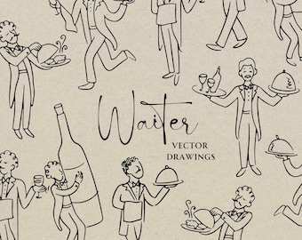 Hand Drawn Waiter SVG PNG Icons, Whimsical Doodle Italian Server Illustration, Waitstaff Wedding Invitation Clipart, Wine Bottle Icon Art
