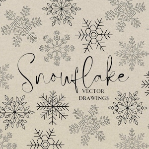 May include: A digital illustration of a collection of black and white snowflake designs on a brown background. The text "Snowflake Vector Drawings" is at the bottom of the image.