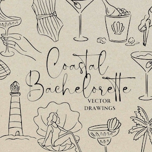 Despedida de soltera en la playa dibujada a mano SVG PNG, esquema caprichoso de despedida de soltera en la costa, icono de doodle de fiesta de bodas, mujer en copa de martini clipart