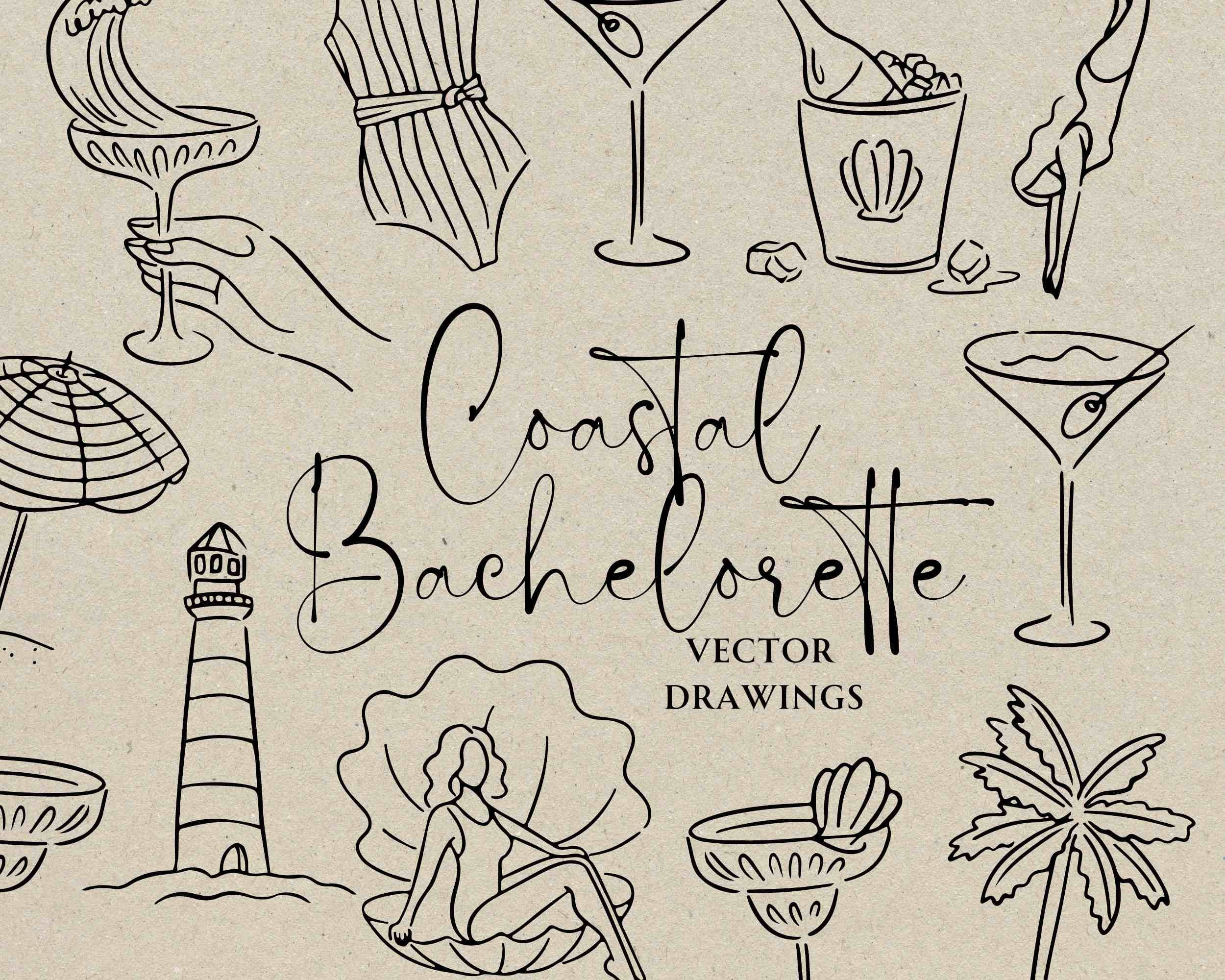 Hand getrokken strand vrijgezellenfeest SVG PNG, grillige kust vrijgezellenfeest overzicht, bruiloft partij doodle pictogram, vrouw in martiniglas clipart