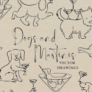 Cachorro desenhado à mão e Martini SVG PNG, Whimsical Dirty Martini Clipart, Doodle de hora do coquetel, Desenho de cachorrinho peculiar, Ícone de convite de casamento DIY