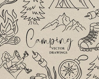Handgetekende kamp vrijgezellenroute SVG PNG, grillige wildernis vrijgezellenfeest, campingweekend clipart, meisje reis kampvuur doodle pictogram