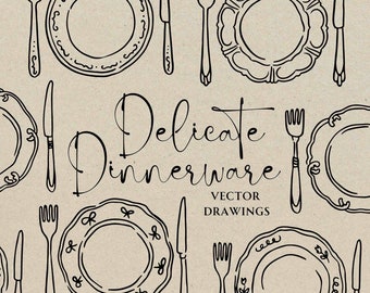Hand Drawn Wedding Dinnerware SVG PNG, Whimsical Menu Card Clipart, Rehearsal Dinner Invitation Doodle, Tea Party Plate Icon, Place Setting