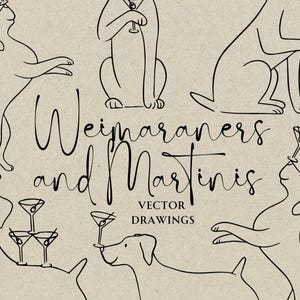 Handgetekende Weimaraner Doodle SVG PNG, hond en martini tekening, grillige handtekening drankje, bar kar menu, pictogram huisdier cocktailuurtje, huisdier bruiloft