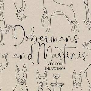 Hand Drawn Doberman Doodle SVG PNG, Dog and Martini Clipart, Whimsical Signature Drink Wedding Bar Menu, Pet Cocktail Icon, Open Bar Sign