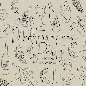 Matrimonio Doodle disegnato a mano SVG PNG, Pacchetto di icone di illustrazione italiana, Disegno mediterraneo in stile stravagante, Invito a cena in Canva