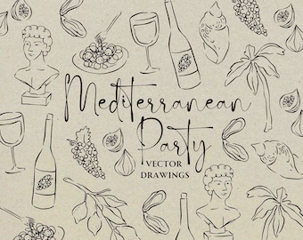 Handgetekende doodle bruiloft SVG PNG, Italiaanse illustratie pictogrambundel, mediterrane tekening in grillige stijl, dineruitnodiging in canvas