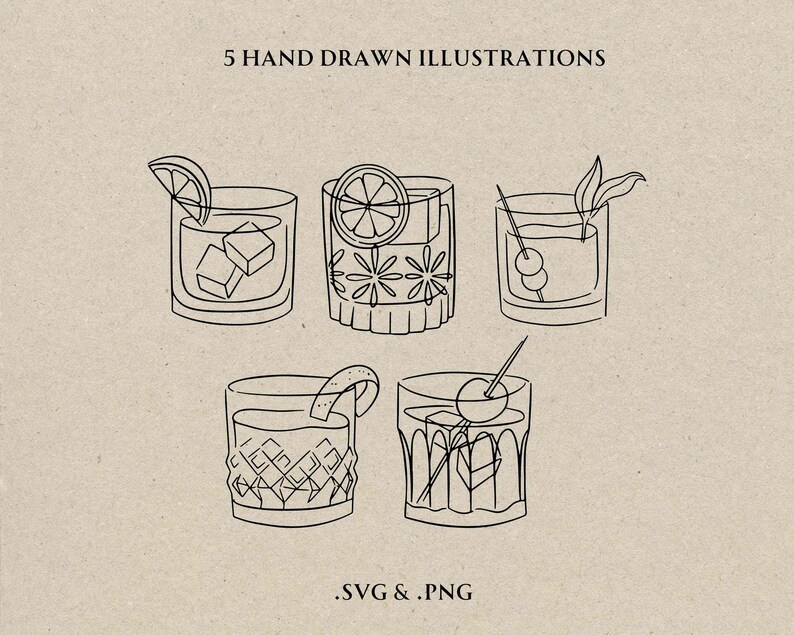 Hand Drawn Cocktail Icon SVG PNG, Wedding Bar Menu Clipart, Classic ...
