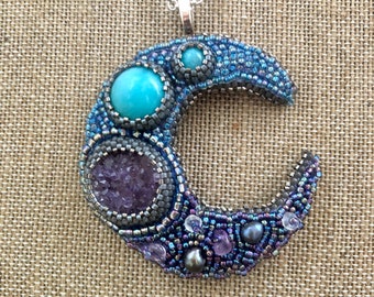 Misty Moon  - Bead Embroidered Crescent Moon Pendant With Amethyst and Amazonite