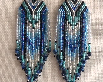 Ibiza - Cobalt and Turquoise Wild Heart Southwestern Bohemian Beaded Fringe Earrings