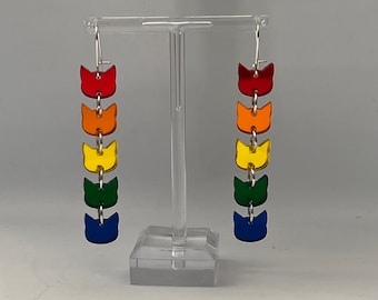 Rainbow kitty long dangly earrings for purrride or anytime in mirror acrylic
