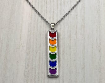 Rainbow Cat Necklace, Vertical rainbow cat pendant, mirror rainbow cats, 20 inch hypoallergenic chain