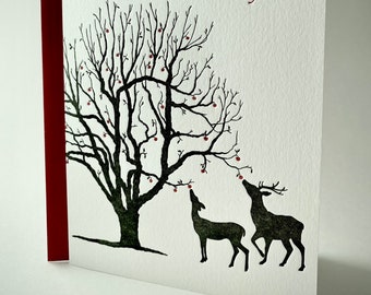 Deer Eating Winter Apples 2-color letterpress folded card