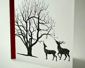 Deer Eating Winter Apples - set of 5 folded letterpress cards