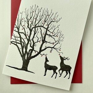 Deer Eating Winter Apples set of 5 folded letterpress cards image 2