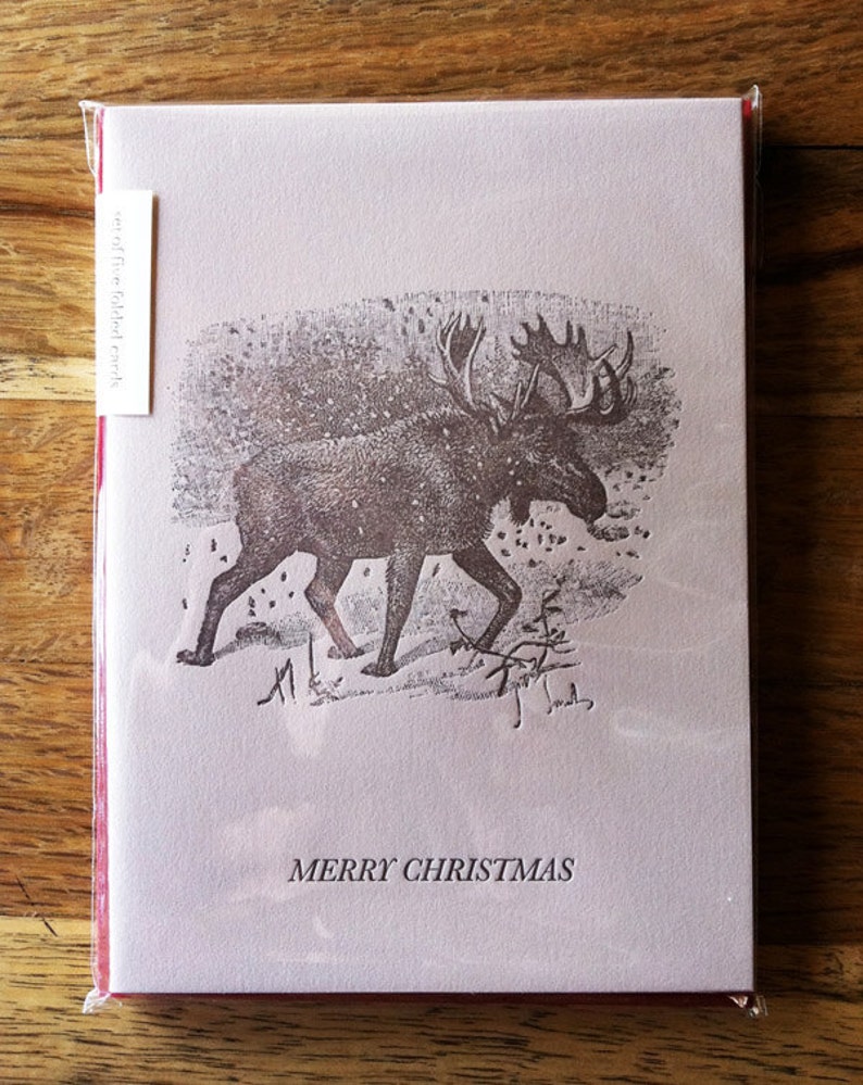 5-pack Christmas Moose letterpress cards image 3