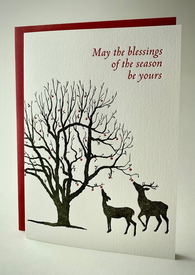 Deer Eating Winter Apples set of 5 folded letterpress cards image 3