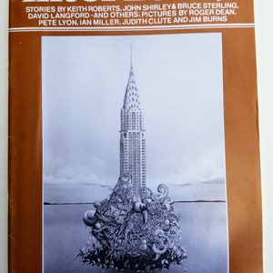 May include: A magazine cover with a brown background and the title "interzone/11" in white text. The cover features a black and white illustration of a skyscraper emerging from a mass of tentacles. The text below the illustration reads "THE NUCLEAR ISSUE?"
