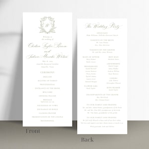May include: A wedding ceremony programme with a white background and grey text. The front of the programme features a floral crest with the couple's names and wedding date. The back of the programme lists the wedding party and a message to the guests.