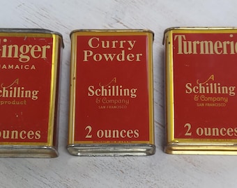 Set of Vintage 30's Schilling Spice Tins (Turmeric, Curry Powder and Jamaica Ginger)