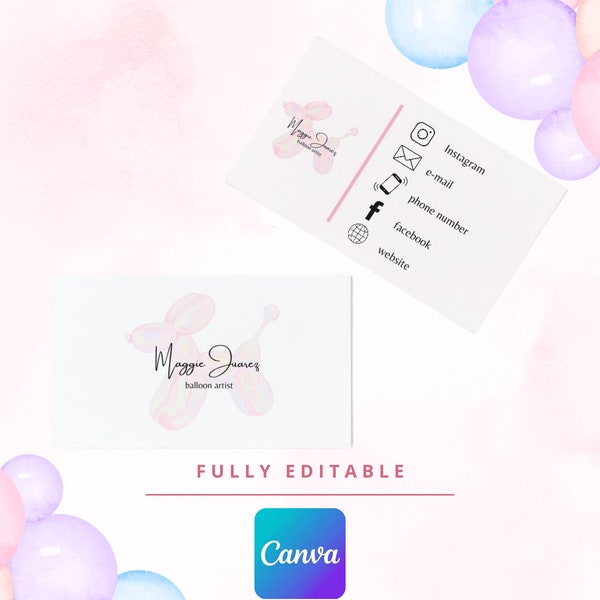 Balloon business card, Editable balloon artist business card template, Balloon dog business card, Digital pink balloon dog business card.