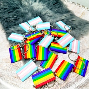 Puede incluir: Un conjunto de llaveros con las banderas del arcoíris y la bandera del orgullo transgénero. Los llaveros están hechos de plástico de colores y tienen anillos de metal para sujetarlos a las llaves.
