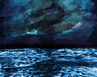 Océano bajo el cielo nocturno Arte digital Descargar 11x14 pulgadas Hermoso paisaje Dibujo Pintura Obra de arte Agua nocturna